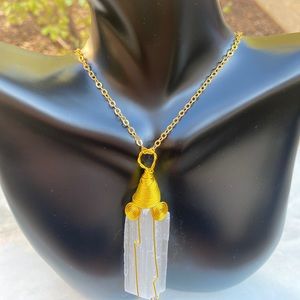 Selenite Pendant Necklace Gold Wire Wrapped Selenite Crystal Jewelry